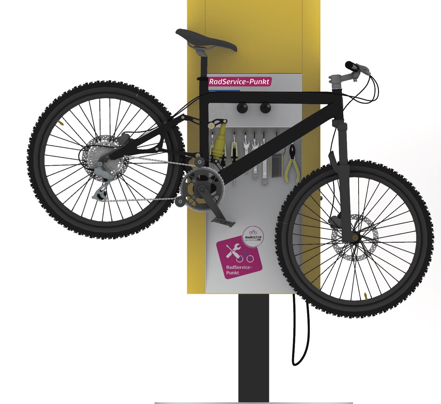 Ein Fahrrad ist an der Fahrradhalterung einer Radreparaturstation aufgehängt.